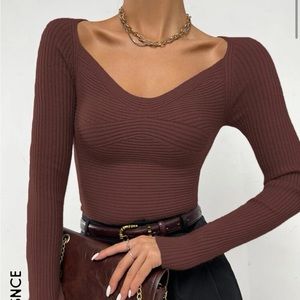 SHEIN Ribbed Knit Fitted Sweater Brown